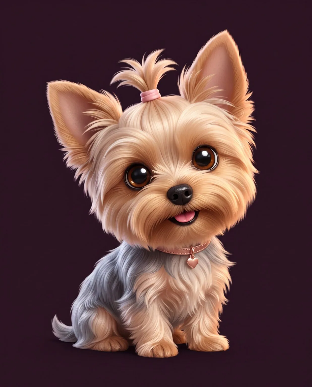 Chanel the Yorkshire Terrier as an adorable 3D animated character who turns her head to follow your cursor, wearing a rose-gold heart collar and her signature pink topknot