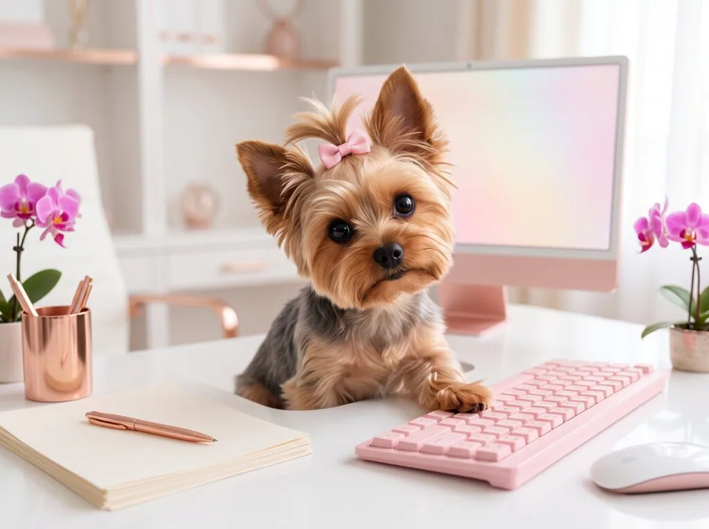 Chanel the Yorkie with a paw on the pink keyboard, keeping the work under review