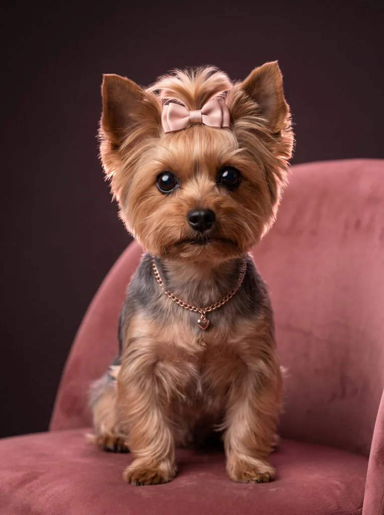 Chanel the Yorkshire Terrier seated on a blush velvet chair with a pink bow and rose gold collar