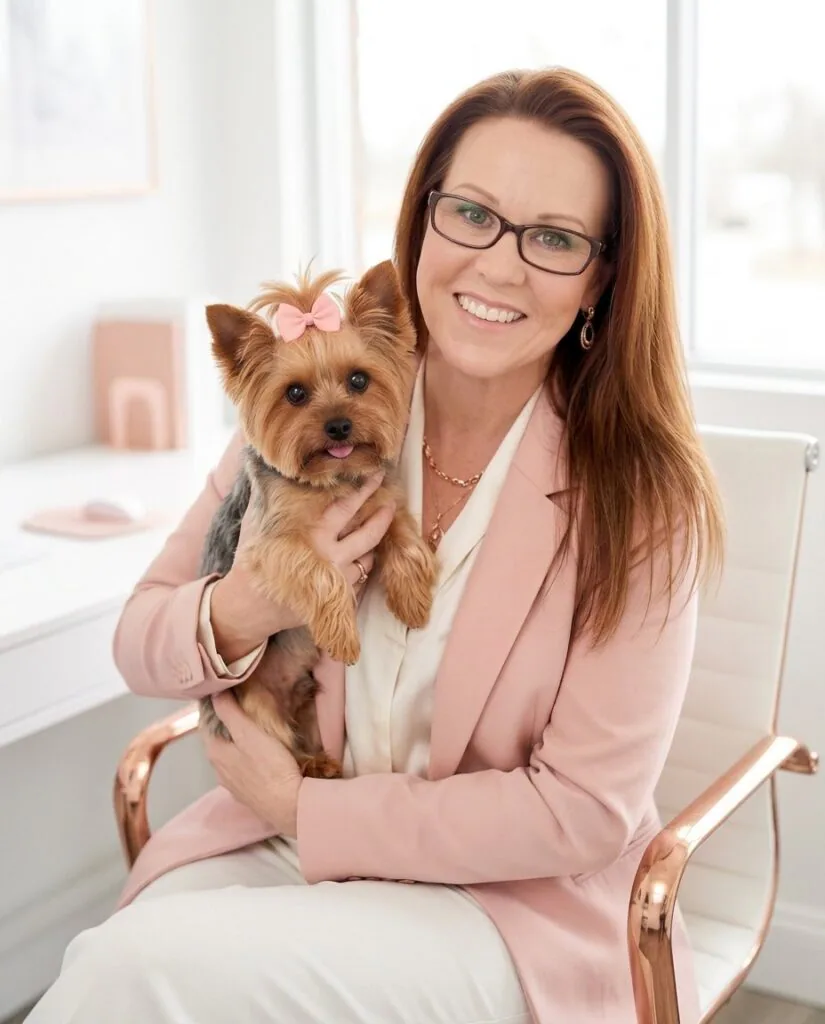 DeVera Brown holding Chanel, the Yorkie mascot of CC Limited, in her bright white office
