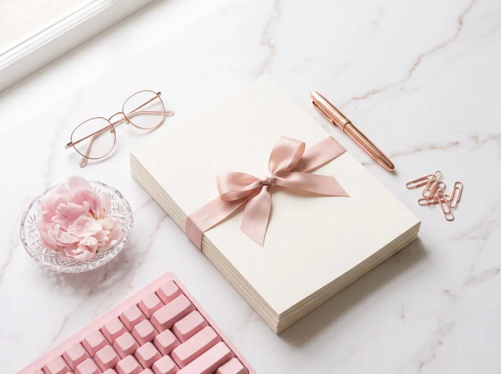 Cream legal documents tied with a blush pink ribbon beside a rose gold pen and reading glasses on white marble